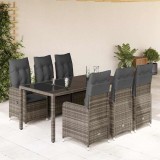 Set bistro de grădină cu perne, 7 piese, gri, poliratan