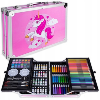 Set,trusa de pictura si desen pentru copii,creioane,markere,culori 145 piese - Roz foto
