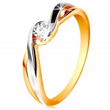 Inel din aur 585 - bicolor, braţe separate şi ondulate, zirconiu transparent - Marime inel: 51