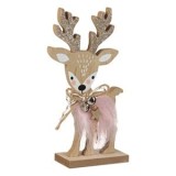 Decoratiune Craciun Cerb din Lemn cu Blana Roz si Glitter, 18cm, CMCLASS