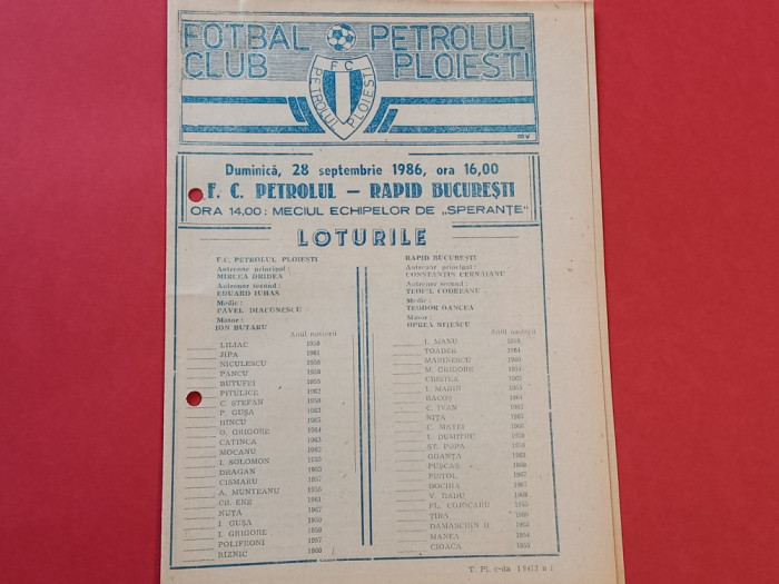 Program meci fotbal PETROLUL Ploiesti - RAPID Bucuresti(28.09.1986)
