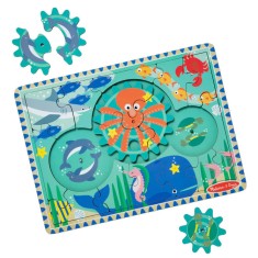 Puzzle educativ din lemn, cu rotite dintate, Oceanul, 8 piese, pentru copii 3