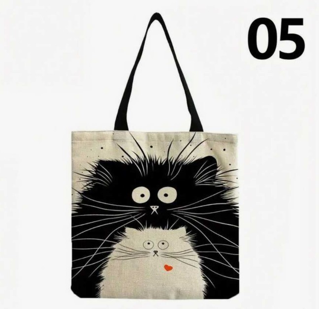 Tote bag cu model pisica 05 , 100% linen, 40x38 cm - Copie
