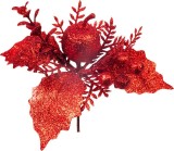 Crenguta decorativa de Craciun rosie cu frunze si sclipici, 14 cm