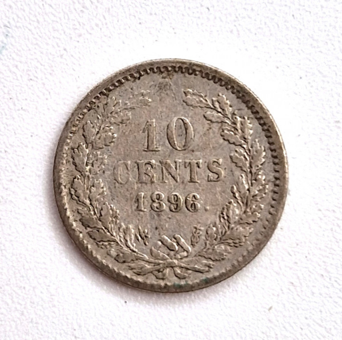 moneda argint _ Olanda 10 cents 1896 _ km # 116 _ AG .640 _ rara tiraj mic