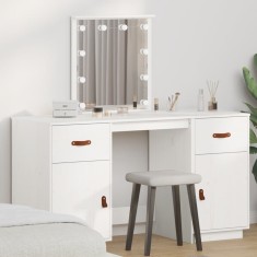 vidaXL Set de masă de toaletă cu LED, alb, lemn masiv de pin