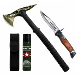 Cumpara ieftin Set secure supravietuire, briceag vanatoare si spray autoaparare DEPOX&reg;, otel inoxidabil, verde, 40 cm/34 cm/60 ml, teaca inclusa