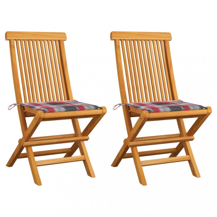 Scaune gradina, perne rosu model carouri, 2 buc, lemn masiv tec