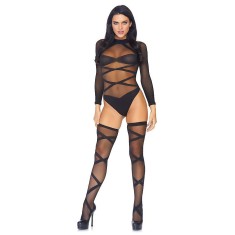 2 pc Opaque Sheer Criss Cross Bodysuit And Matching, Black - O/S
