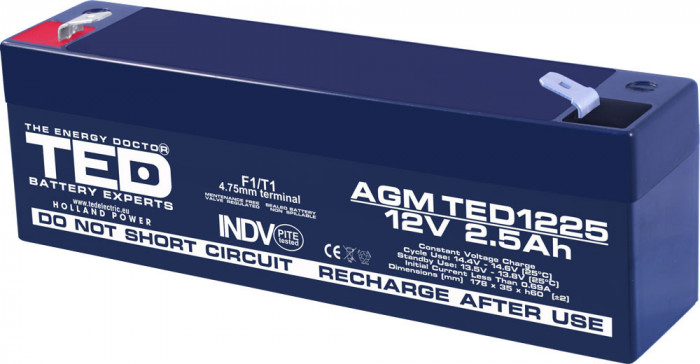 Acumulator AGM VRLA 12V 2.5Ah plumb acid 178x34x60 mm F1 terminal TED Battery Expert Holland