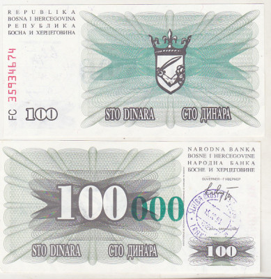 bnk bn Bosnia 100000 dinari 15-10-1993 unc foto