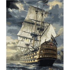 Set de pictura dupa numere, pe panza de in si rama, cu vopsele acrilice si pensule, 40x50 cm, cu model corabie foto