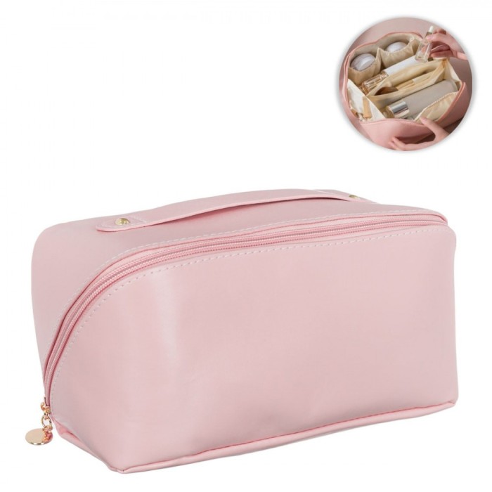 Portfard Valiză, Model 2 Compartimente, Fermoar Diagonal, Culoare Roz, Dimensiuni 27x12x12 cm