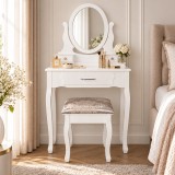Cumpara ieftin Masa Toaleta Machiaj Vintage Alba cu Oglinda Ovala, Scaun Tapitat &amp; 3 Sertare MDF. Set Dormitor Elegant, 71x135x40.5 cm