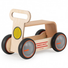 Masinuta ride-on, premergator si carucior de jucarii MamaToyz DriveMe Wood, Ambulanta - Jucarie din lemn 3 in 1