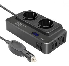 Invertor de putere cu unda sinusoidala iSEN 8300, Negru, 200W, DC12V la AC220V, Afisaj LCD, 2 prize AC EU, 2x Porturi USB cu Incarcare rapida 2x Portu