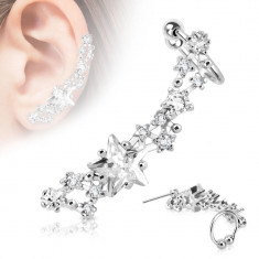 Piercing fals pentru urechi din oțel inoxidabil de culoare argintie, rodiu - stele transparente strălucitoare - Formă piercing: Stânga
