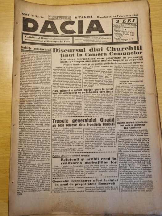 Dacia 14 februarie 1943-discursul lui churchill,stiri de pe front,deva,timisoara