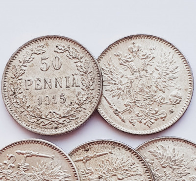 291 Finlanda 50 pennia 1915 Aleksandr II / III / Nikolai II km 2 UNC argint foto