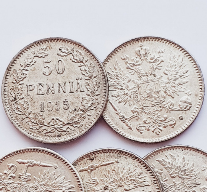 291 Finlanda 50 pennia 1915 Aleksandr II / III / Nikolai II km 2 UNC argint