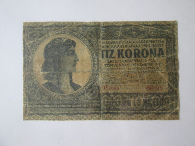 Rara! Ungaria 10 Korona/Coroane 1919 &amp;icirc;n stare slabă,lipită foto
