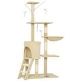PawHut Turelă pentru pisici cu căsuță, st&acirc;lp de ascuțit gheare, platforme și 4 șoricei, din lemn, pluș și sisal, 50x35x134.2 cm, gri | Aosom Romania