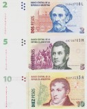 Bancnota Argentina 2, 5 si 10 Pesos (2003) - P352-354 UNC ( set x3 )