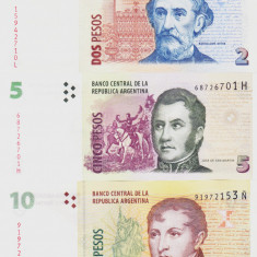 Bancnota Argentina 2, 5 si 10 Pesos (2003) - P352-354 UNC ( set x3 )