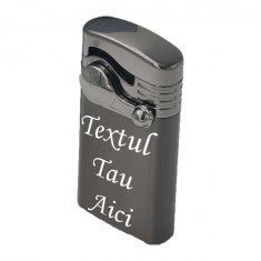 Bricheta metalica cu gaz, antivant, model flip, reincarcabila, gri, cutie, personalizata
