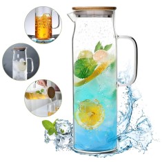 Carafa 1,5 L sticla borosilicată Koken, Capac din bambus, Ulcior 26 x 8,5 cm, rezistenta la apa fierbinte, Transparent