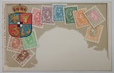 COLAJ CU ZECE TIMBRE DE VALORI DIFERITE CU PORTRETUL REGELUI CAROL I SI STEMA REGATULUI ROMANIEI , CROMOLITOGRAFIE , FORMAT CARTE POSTALA , CLASICA ,