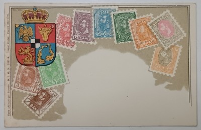 COLAJ CU ZECE TIMBRE DE VALORI DIFERITE CU PORTRETUL REGELUI CAROL I SI STEMA REGATULUI ROMANIEI , CROMOLITOGRAFIE , FORMAT CARTE POSTALA , CLASICA , foto