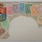 COLAJ CU ZECE TIMBRE DE VALORI DIFERITE CU PORTRETUL REGELUI CAROL I SI STEMA REGATULUI ROMANIEI , CROMOLITOGRAFIE , FORMAT CARTE POSTALA , CLASICA ,