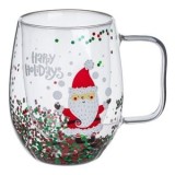 Cana din Sticla cu Perete Dublu de Craciun Confeti Mos Craciun 250ml, CMCLASS