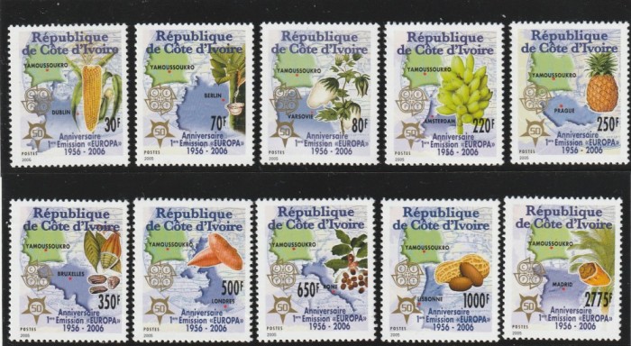 Coasta de Fildes (Cote d&#039;Ivoire} 2005 - 50 ani Europa CEPT, serie dantelata,MNH,Mi.1461A-1470A