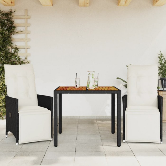 Gossi set bistro cu perne, 3 piese, negru, poliratan