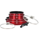 Cumpara ieftin Set vase Grunberg 7 piese, 4 vase compatibile cu plita inductie, 2 capace sticla, 1 maner detasabil, Rosu