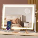 SONGMICS Oglinda machiaj cu iluminare LED, 3 culori lumina, suport telefon, 2 porturi USB, zoom 10x, 58x43 cm, alb Household NewTrend