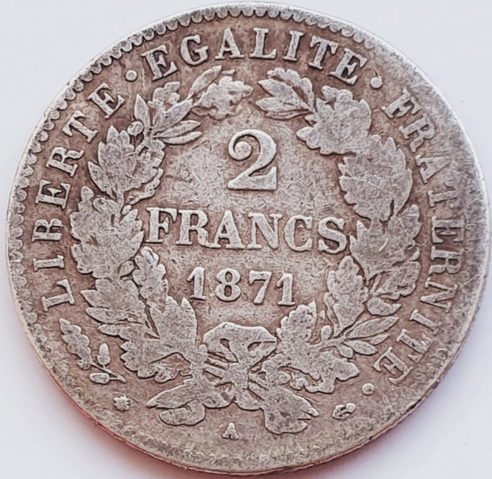 295 Franta 2 Francs 1871 Reverse Legend km 817 argint
