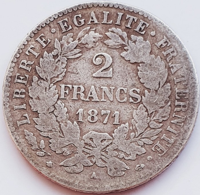 295 Franta 2 Francs 1871 Reverse Legend km 817 argint