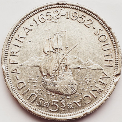 651 Africa de sud 5 Shillings 1952 Cape Town (lovituri muchie !!!) km 41 argint foto