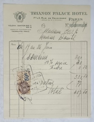 13.CHITANTA ELIBERATA FAMILIILOR DOCTORULUI CONSTANTIN DANIEL SI ANTON CARP , DE HOTELUL &amp;#039; TRIANON PALACE &amp;#039; DIN PARIS , 1932 foto
