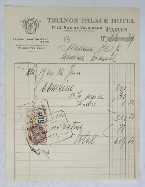 13.CHITANTA ELIBERATA FAMILIILOR DOCTORULUI CONSTANTIN DANIEL SI ANTON CARP , DE HOTELUL &#039; TRIANON PALACE &#039; DIN PARIS , 1932