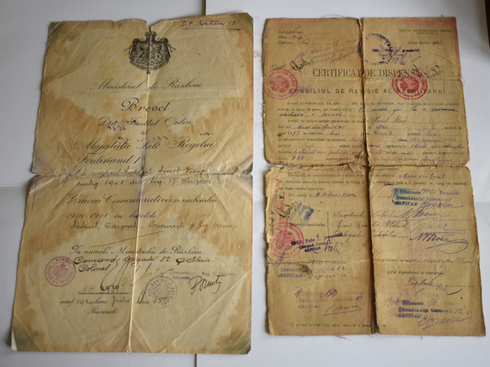 Certificat dispensa si Brevet Crucea Comemorativa Primul Razboi Mondial barete