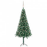 Set pom Crăciun artificial pe colț LED&amp;globuri verde 240 cm PVC