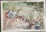 Lucrare Ana Teodorescu, Sevalet in natura, tehnica mixa pe carton subțire 30 x 20 / arta romaneasca / semnatura / foarte decorativ