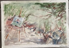 Lucrare Ana Teodorescu, Sevalet in natura, tehnica mixa pe carton subțire 30 x 20 / arta romaneasca / semnatura / foarte decorativ