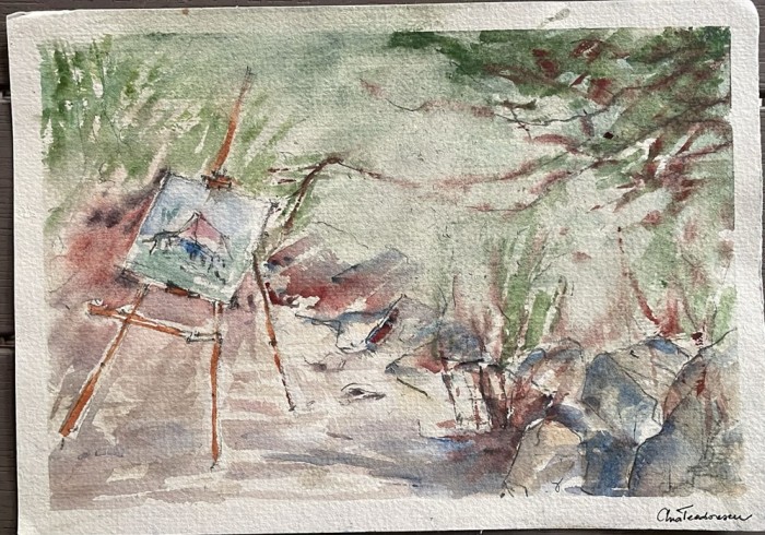 Lucrare Ana Teodorescu, Sevalet in natura, tehnica mixa pe carton subțire 30 x 20 / arta romaneasca / semnatura / foarte decorativ