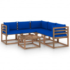 vidaXL Set mobilier de grădină perne albastre, 6 piese lemn pin tratat