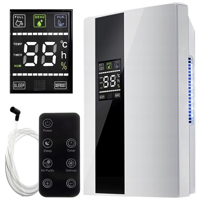 Dezumidificator si Purificator de Aer 2-in-1, Afisaj Temperatura/Umiditate, Randament 650ml/zi, Putere 90W, Anti-Mucegai, Telecomanda, Alb